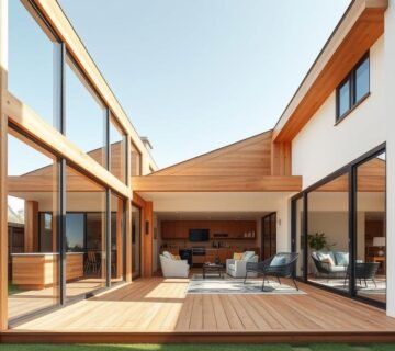 Sleek, contemporary wooden outdoor extension with meticulously detailed cost breakdown. Sunlit, minimalist design featuring warm timber tones, clean lines, and a harmonious blend of materials. Expansive glass panels invite natural light, creating a seamless transition between indoor and outdoor living spaces. Precisely engineered insulated sandwich panels form the sturdy, energy-efficient structure. Precise angles, measured proportions, and a carefully curated color palette convey a sense of modern elegance. Soft, diffused lighting accentuates the texture and depth of the wood, while strategic camera angles capture the harmonious interplay of form and function.