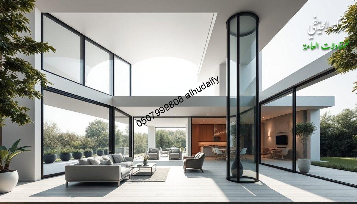 Sleek modern exterior home design featuring elegant glass-enclosed outdoor living spaces. Expansive floor-to-ceiling windows allow natural light to flood the minimalist, open-concept layout. Carefully curated furniture and decor create a comfortable, welcoming ambiance. Isolated sandwich panel walls and ceilings provide thermal insulation. Soft, diffused lighting accentuates the clean architectural lines. A harmonious blend of contemporary materials and carefully considered proportions result in a visually striking, yet functional design. The seamless transition between indoor and outdoor living areas fosters a sense of tranquility and connection with the surrounding environment.